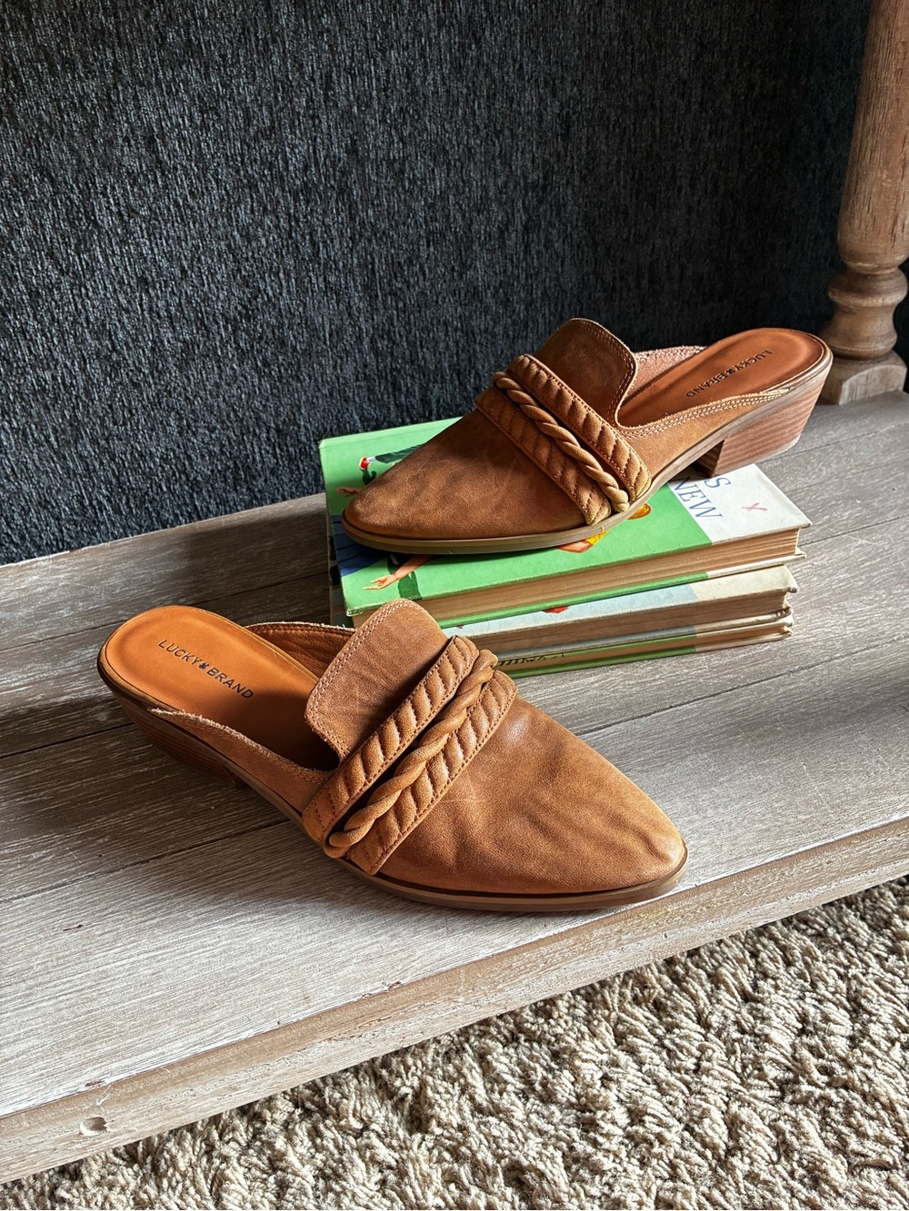 Lucky Brand Braided Tan Leather Mule Slides